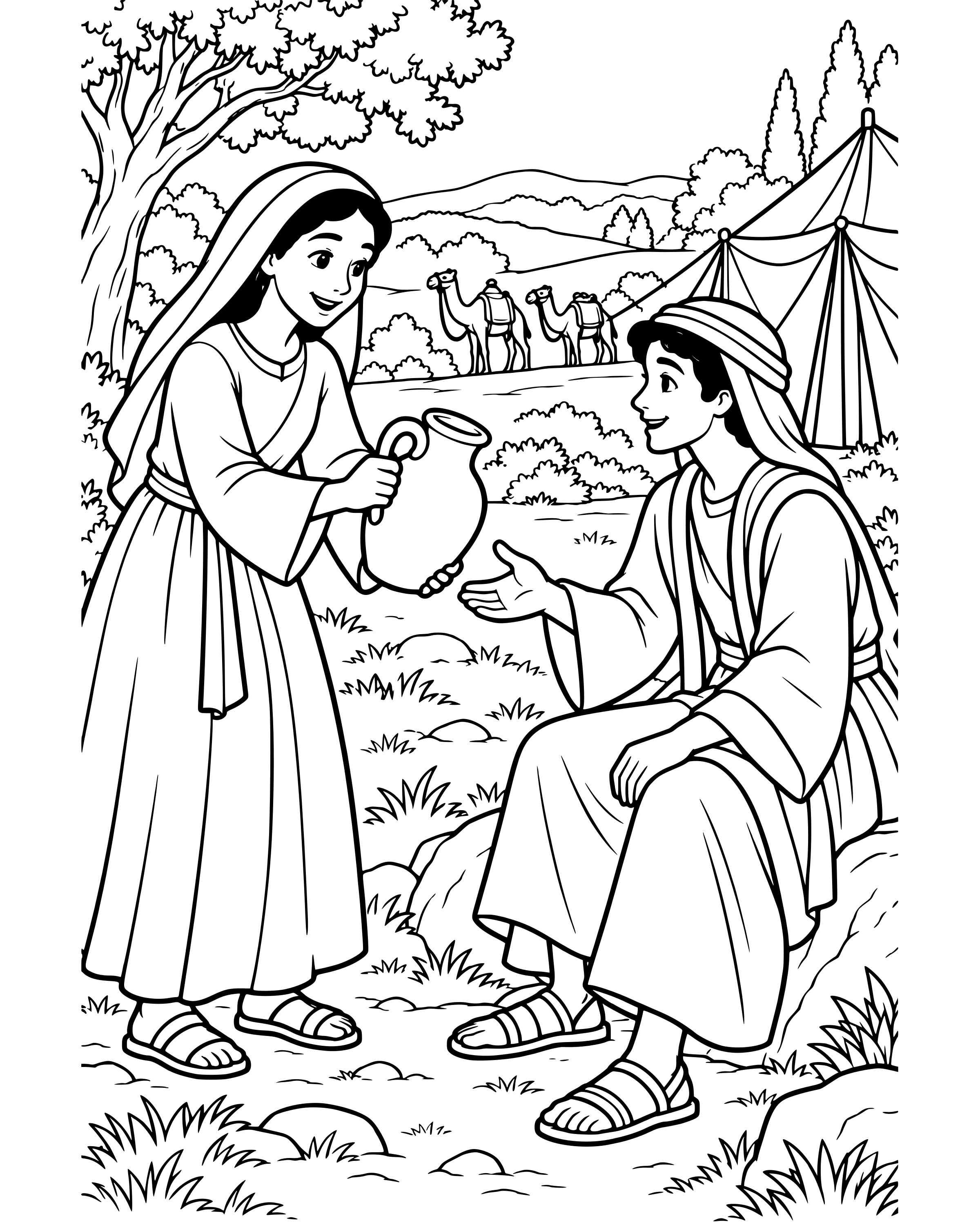 Detailed Isaac Meets Rebekah coloring page