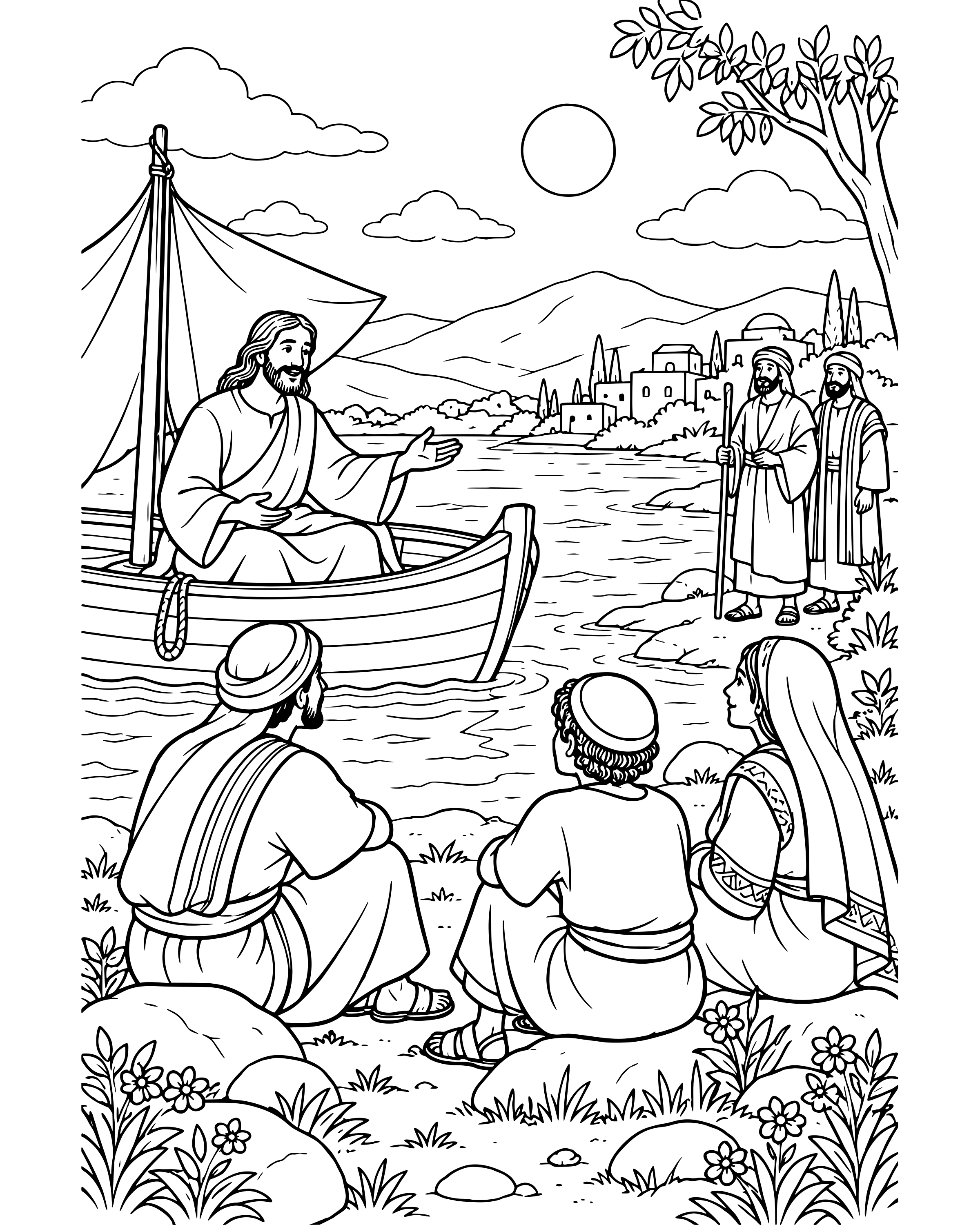 Detailed Jesus Teaches from a Boat coloring page