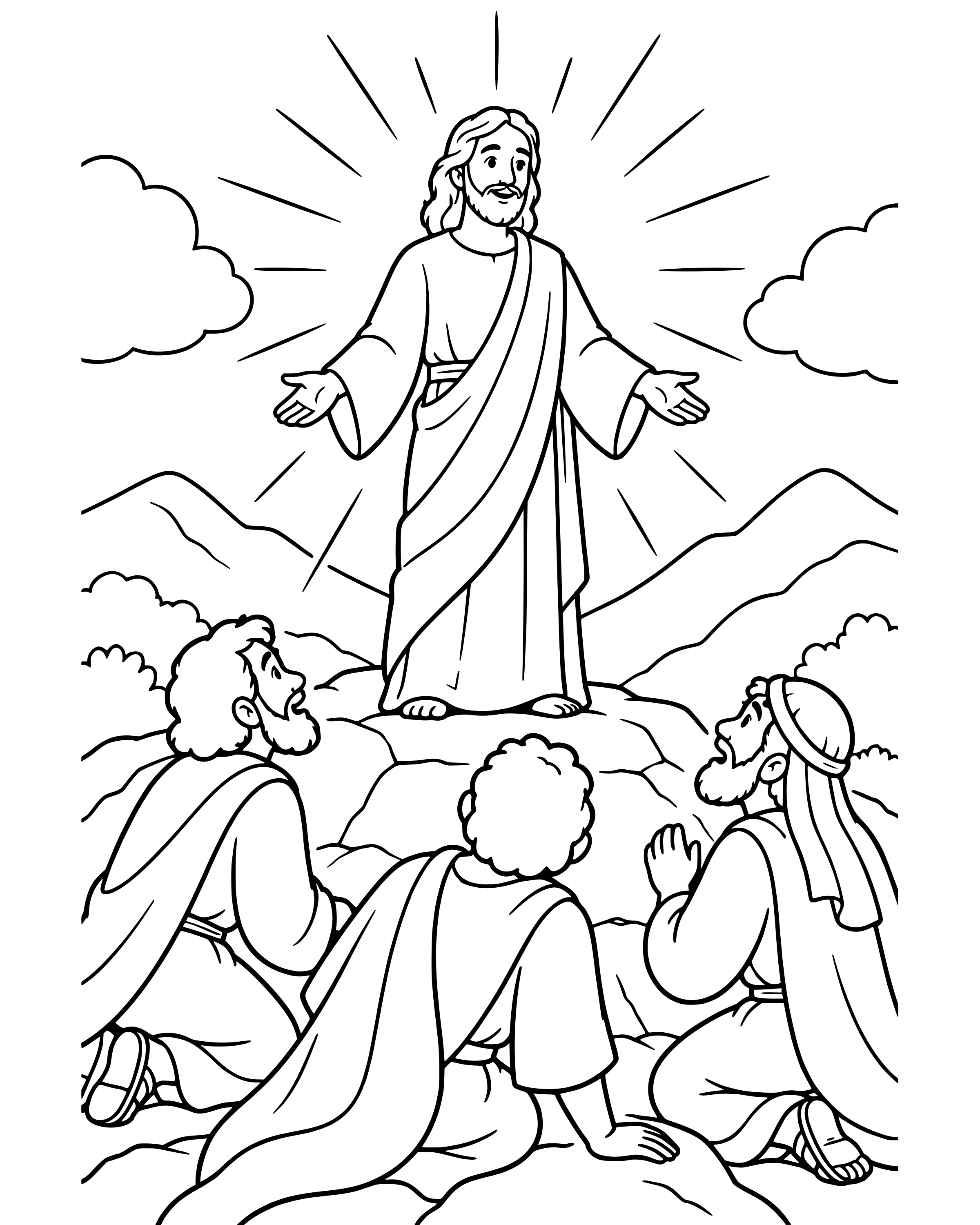 Jesus Shines on the Mountain, simple printable coloring page for ages 5–7