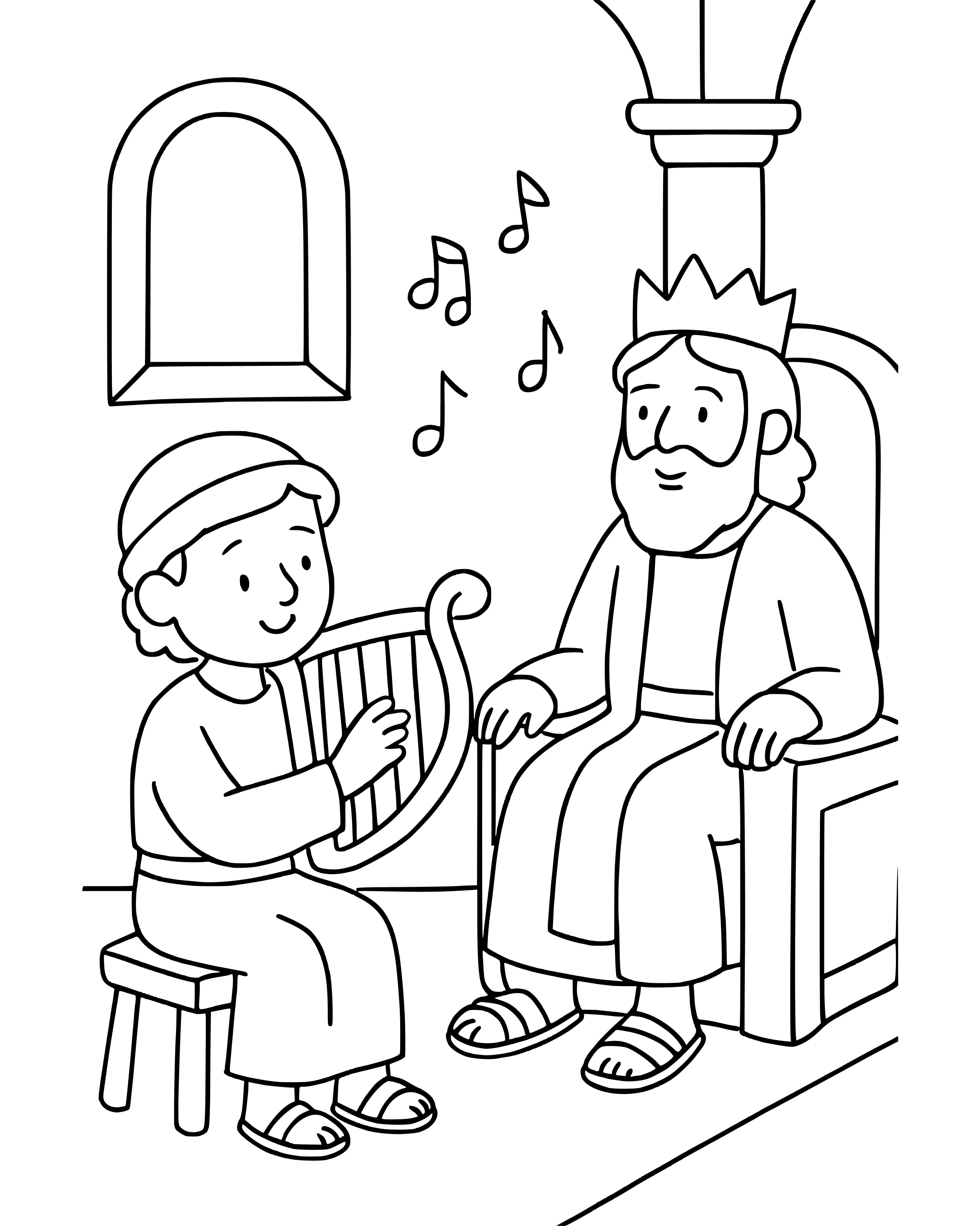Simple David Plays the Harp coloring page