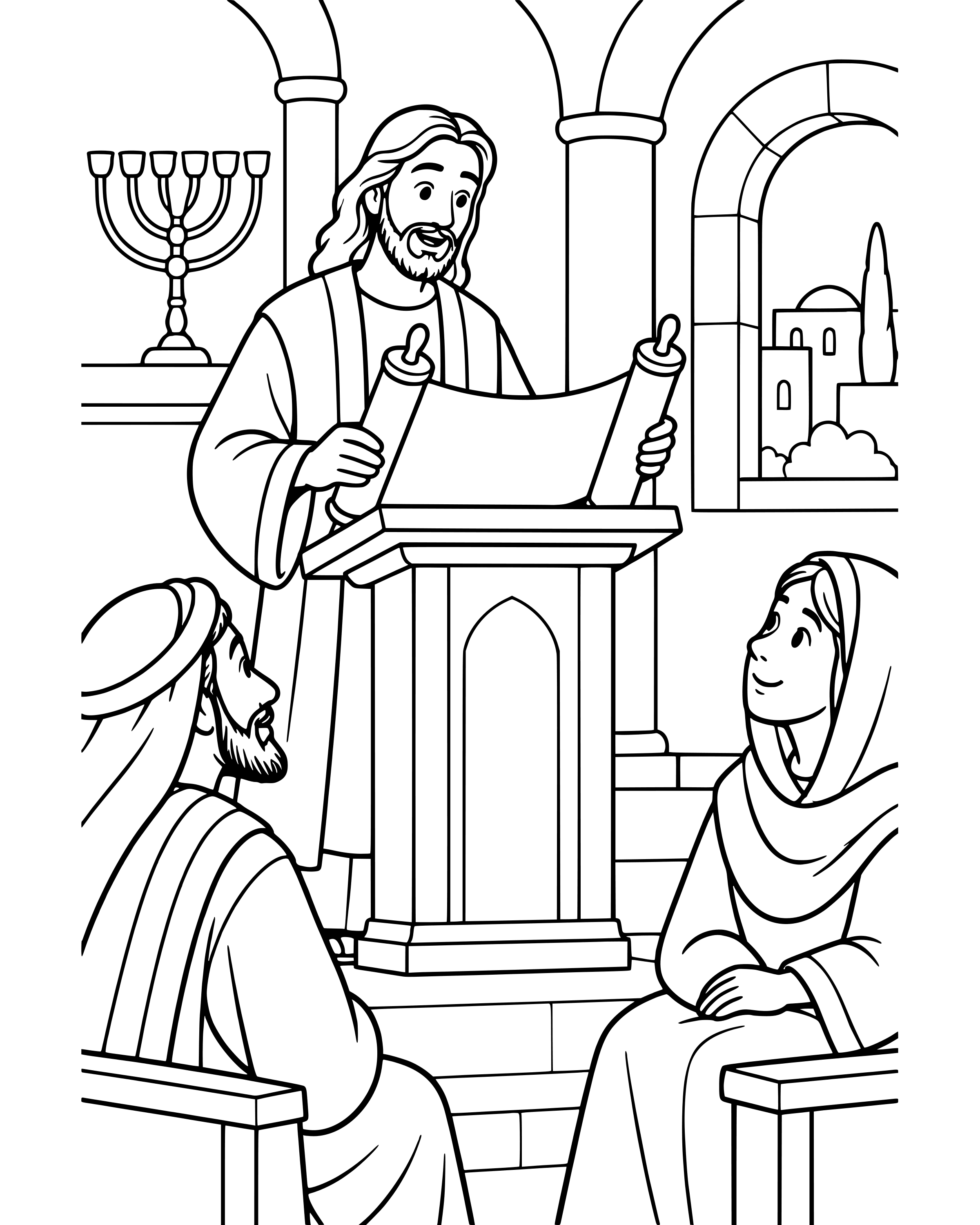 Simple Jesus Reads in the Synagogue coloring page