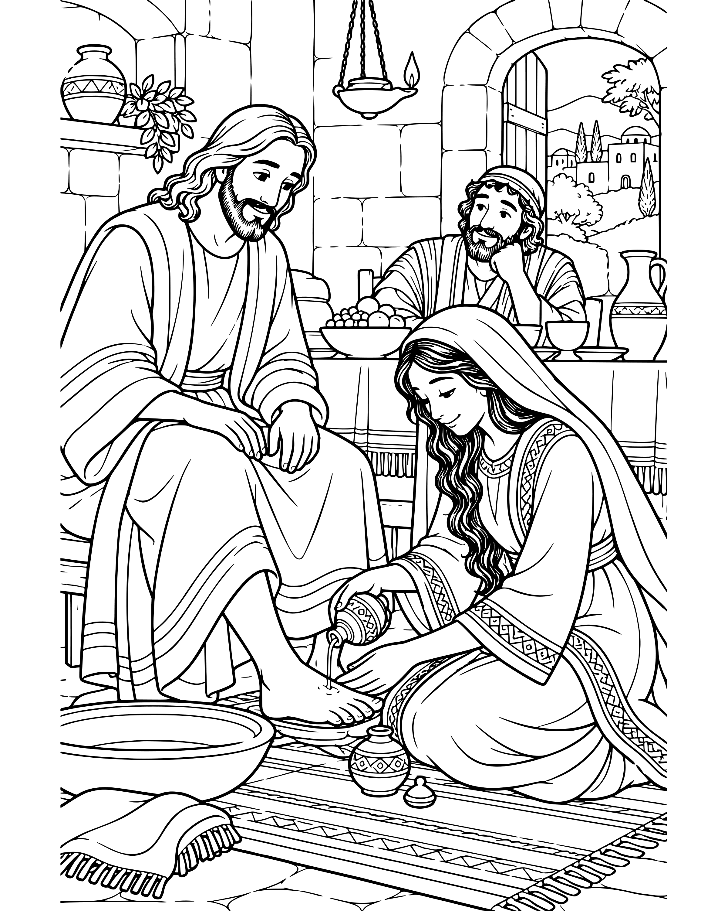 Detailed Mary Pours Perfume on Jesus' Feet coloring page