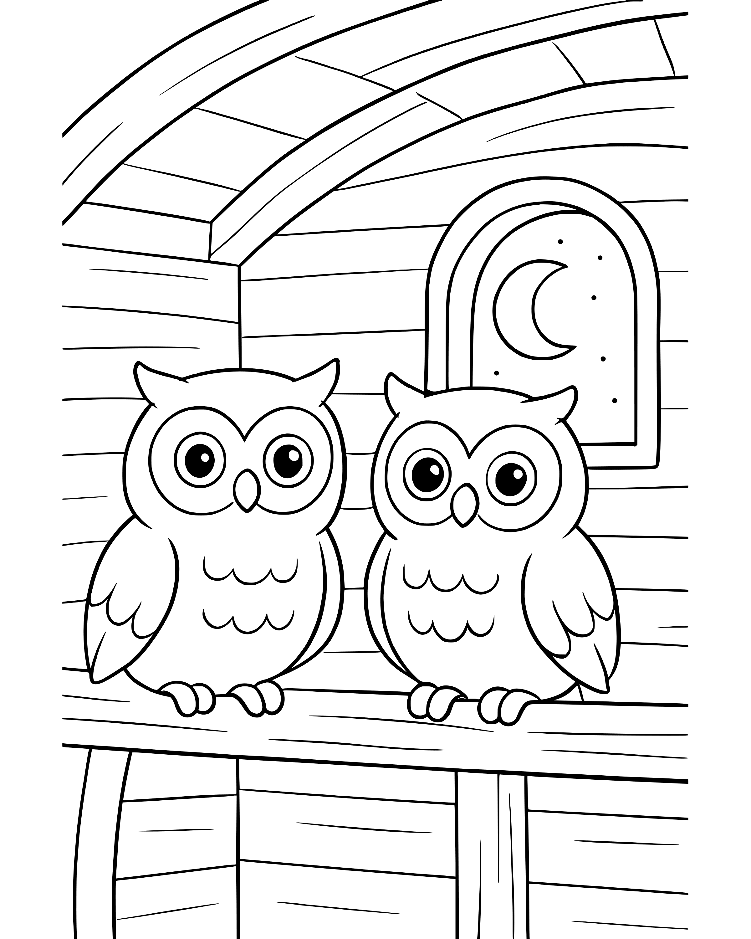Two by Two: Owls – simple printable coloring page for ages 5–7