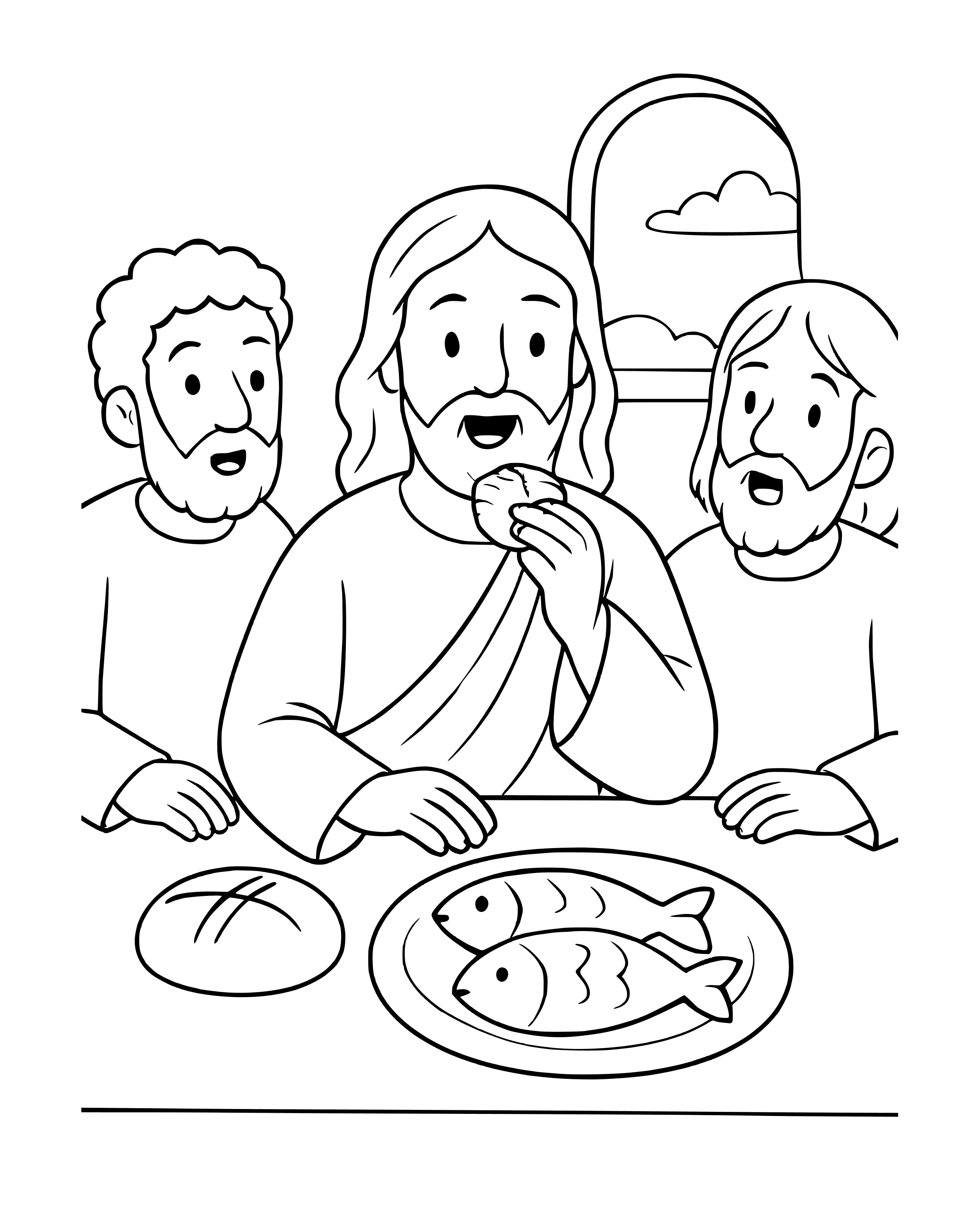 Simple Jesus Eats Fish with His Friends coloring page