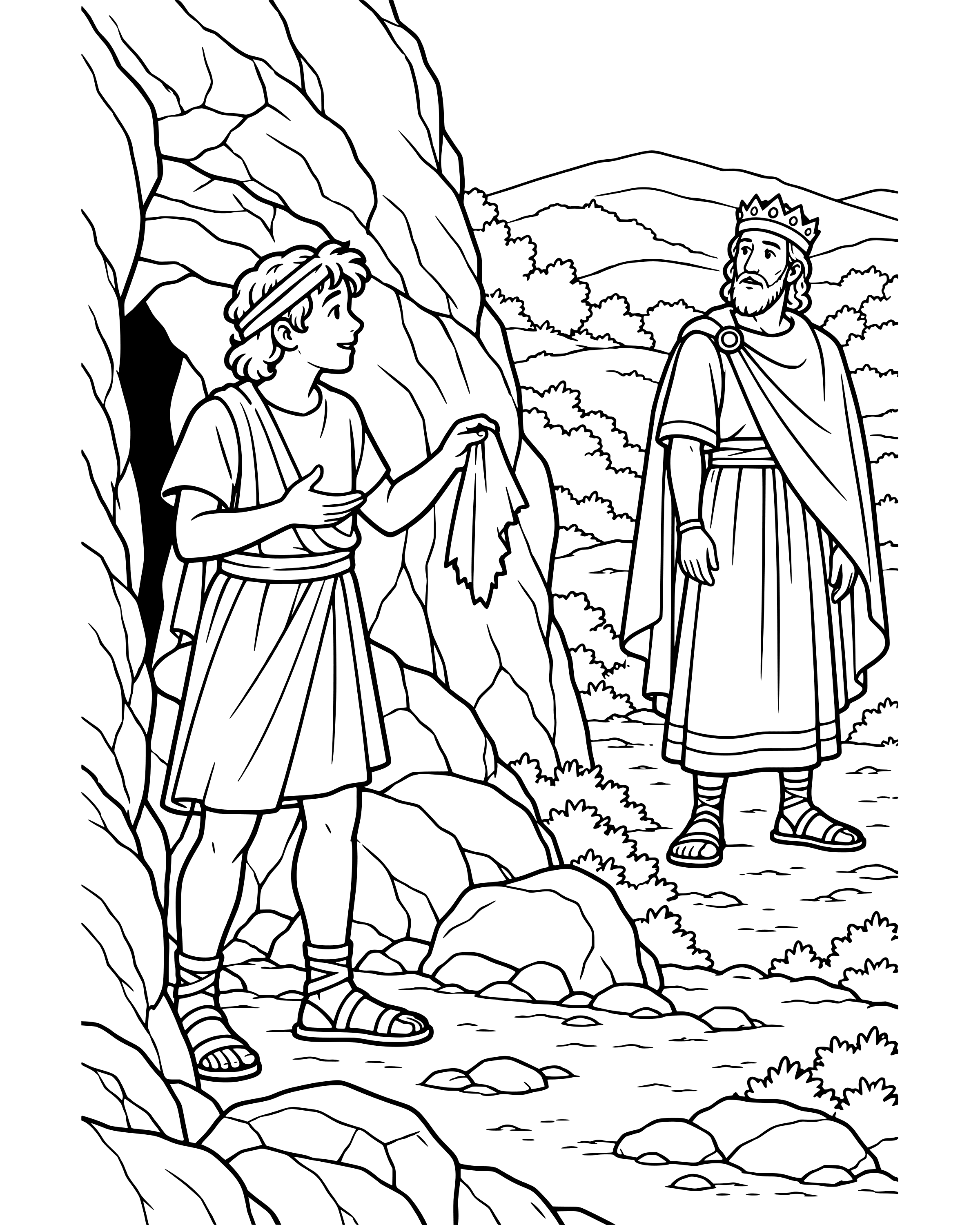 David Is Kind to King Saul, detailed printable coloring page for ages 8–12
