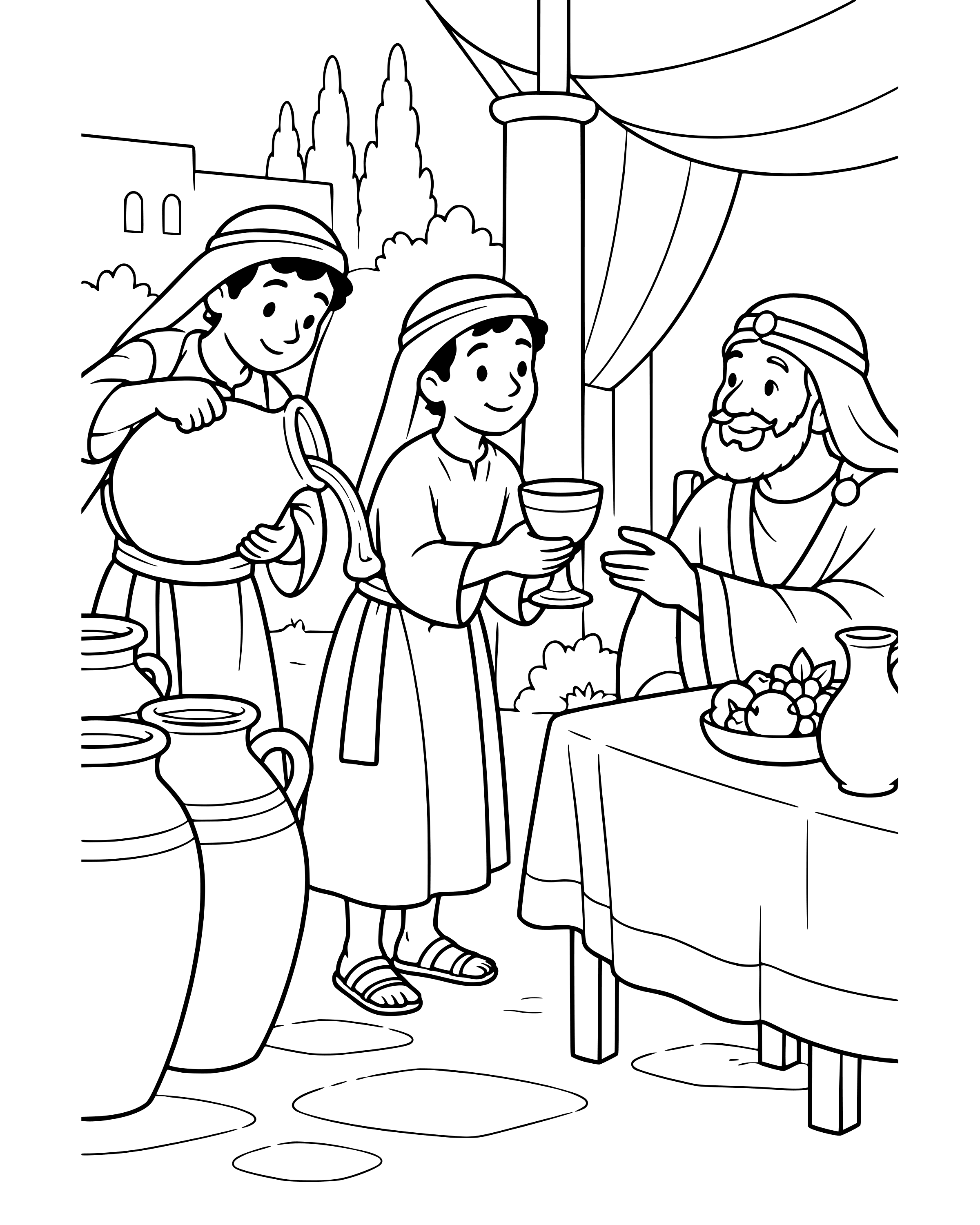 Jesus Turns Water into Wine, simple printable coloring page for ages 5–7