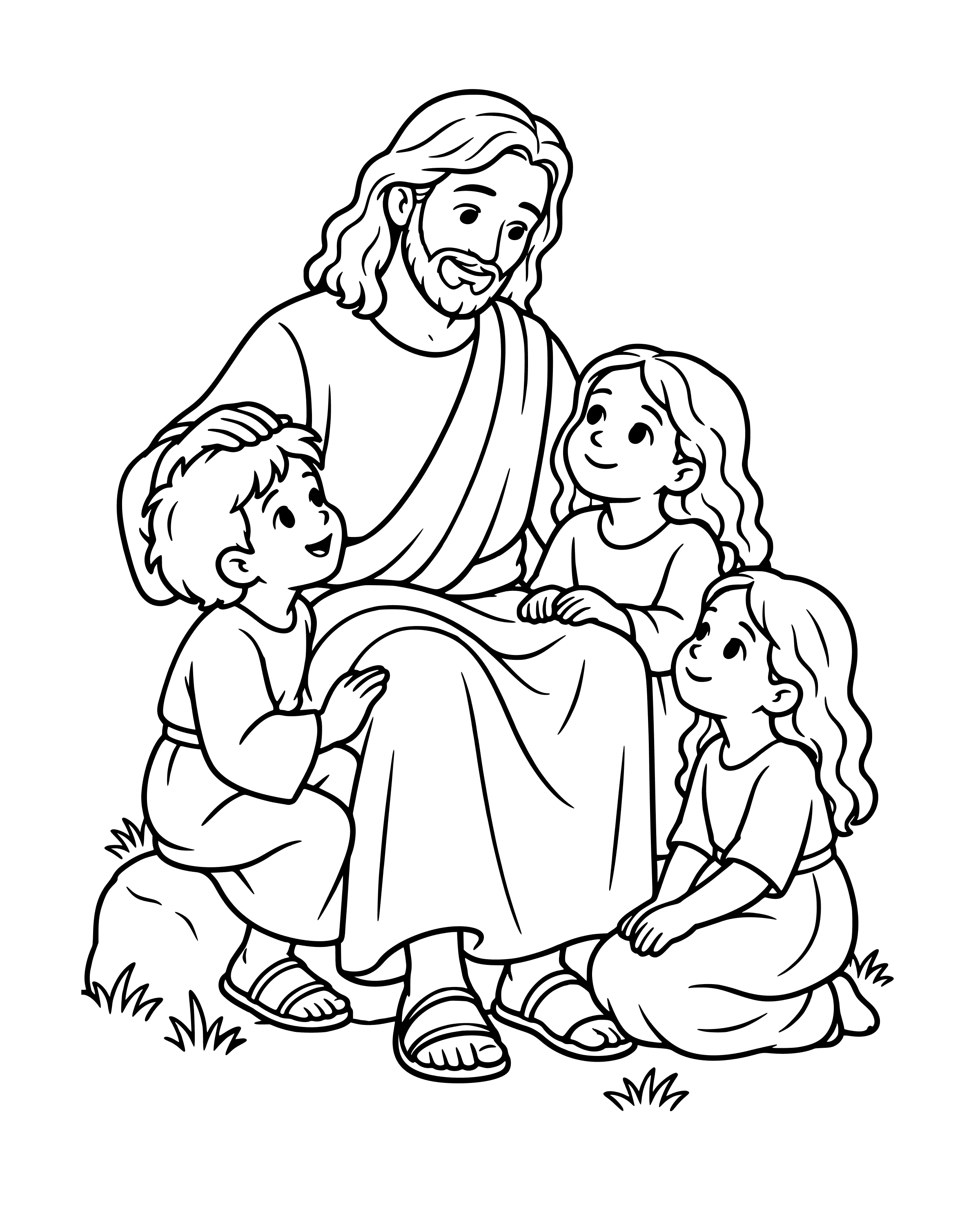 Jesus Blesses the Children, simple printable coloring page for ages 5–7