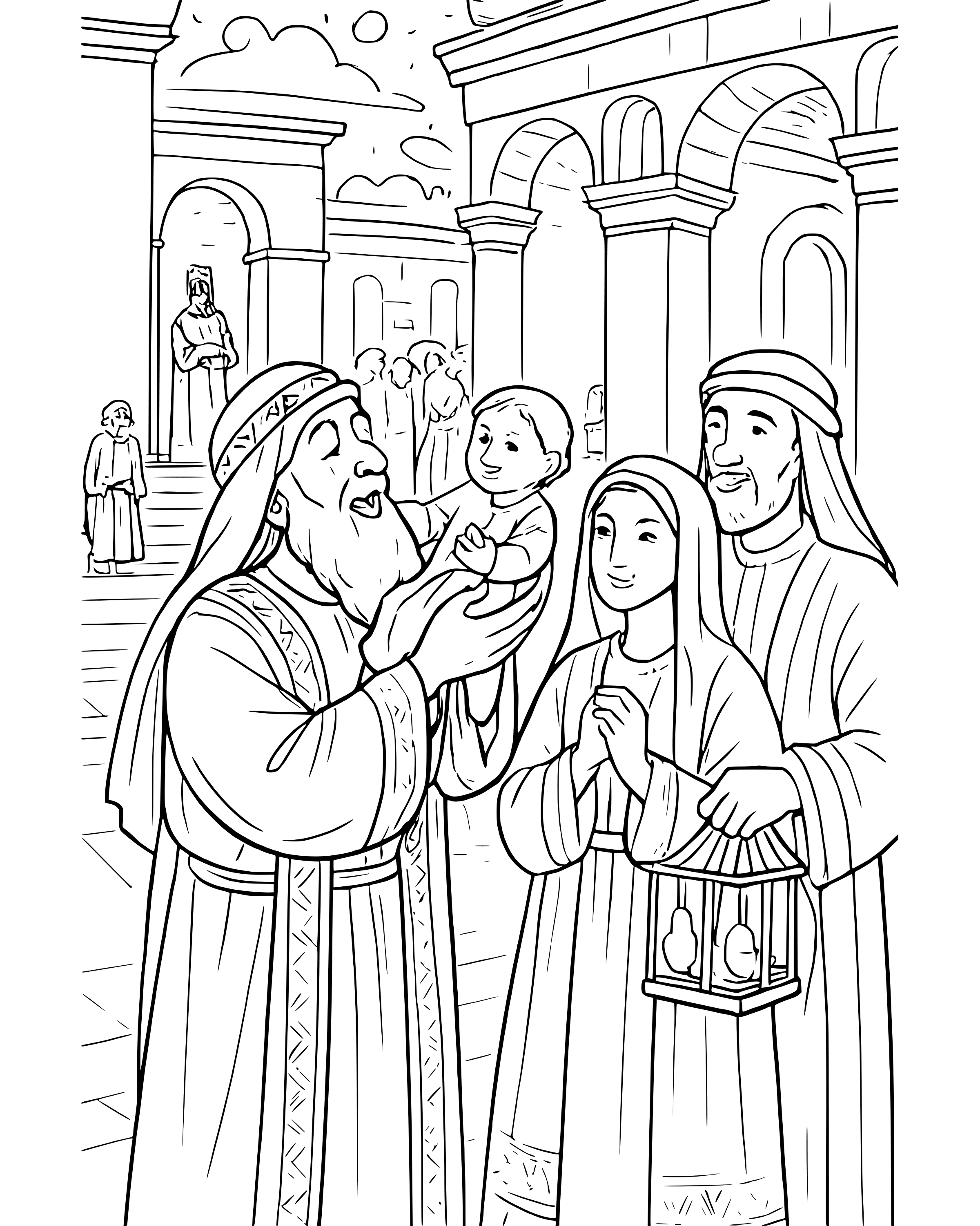 Detailed Simeon Holds Baby Jesus coloring page