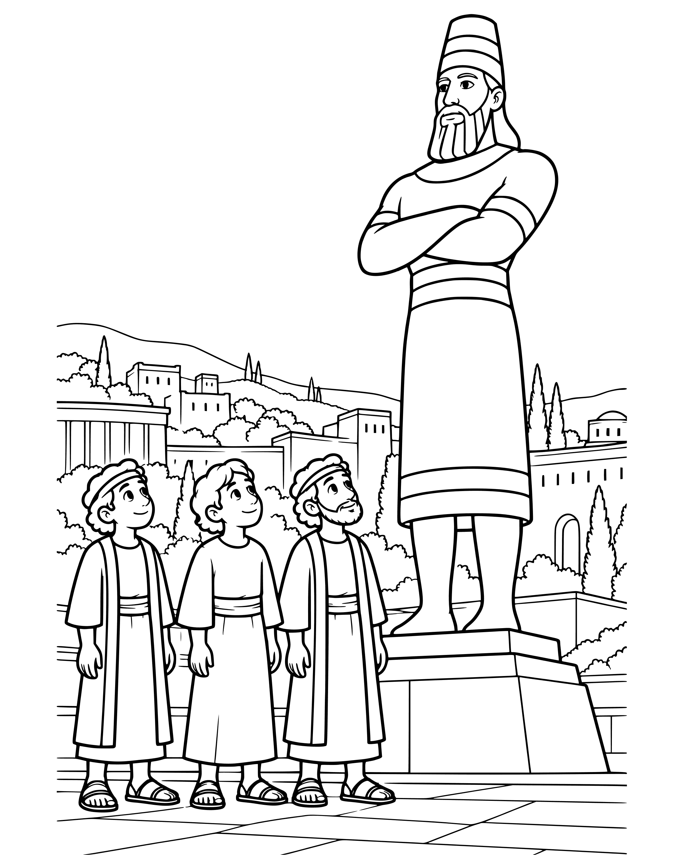Three Friends Will Not Bow Down, detailed printable coloring page for ages 8–12