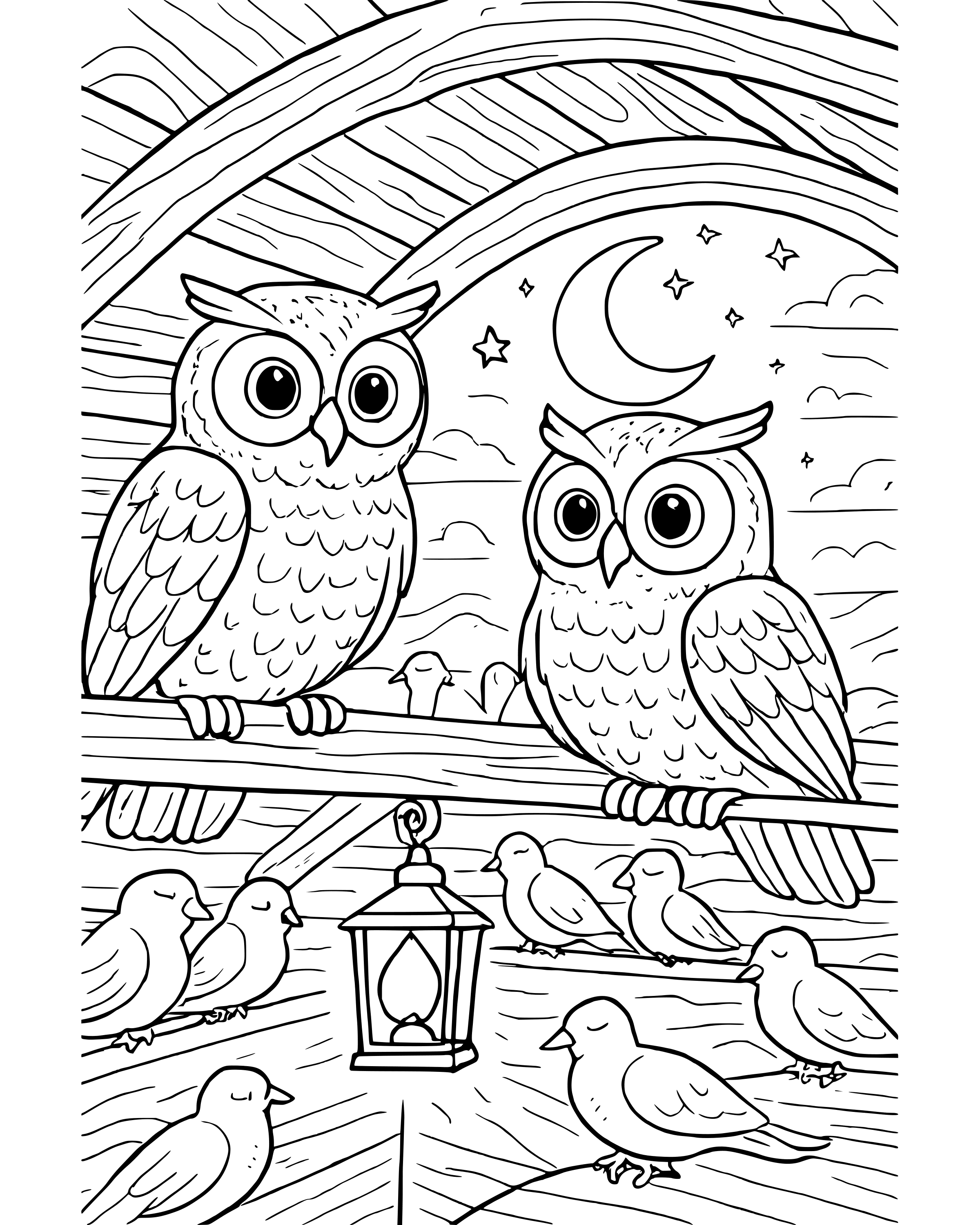 Two by Two: Owls – detailed printable coloring page for ages 8–12
