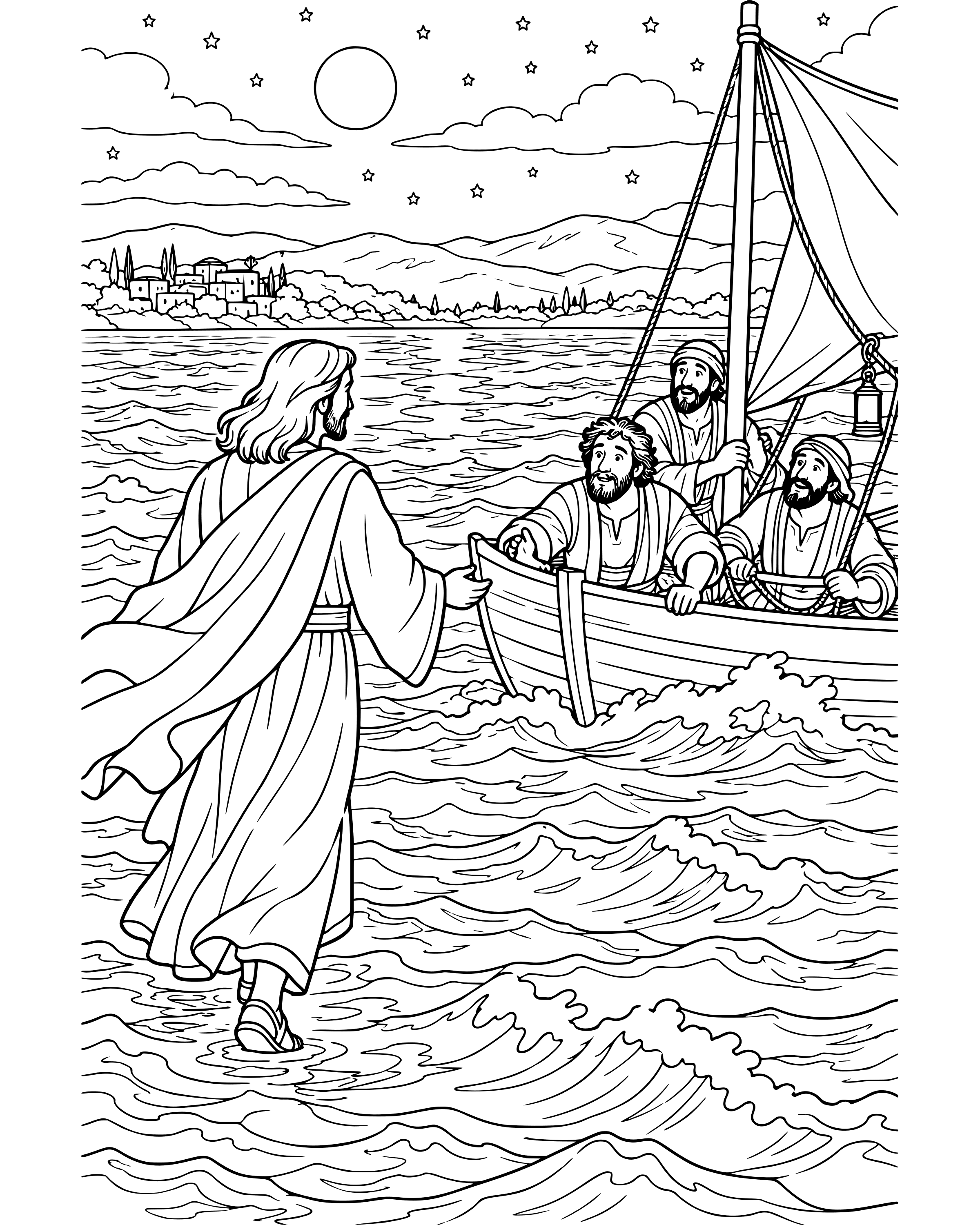 Jesus Walks on the Water, detailed printable coloring page for ages 8–12