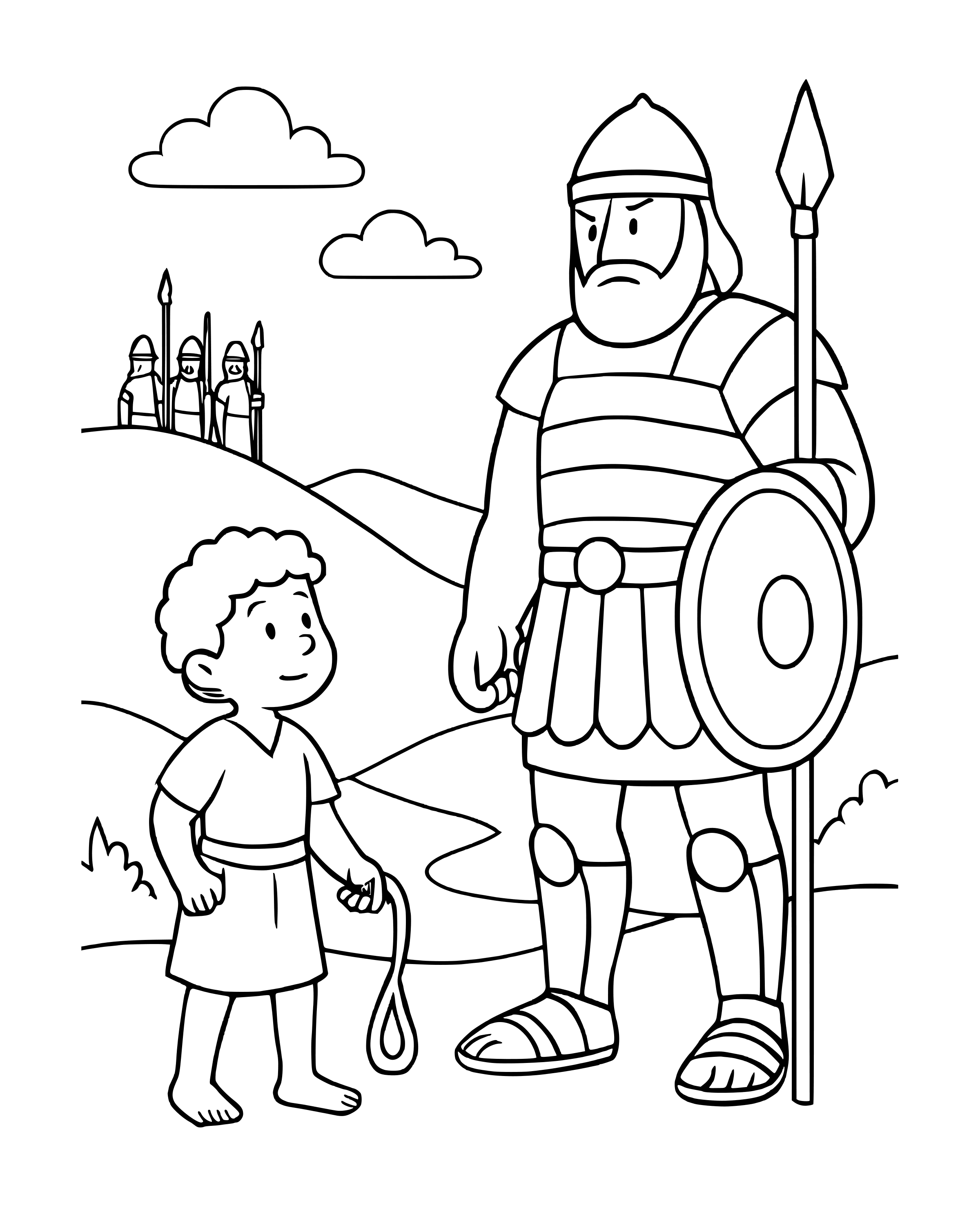David Faces Goliath – simple printable coloring page for ages 5–7