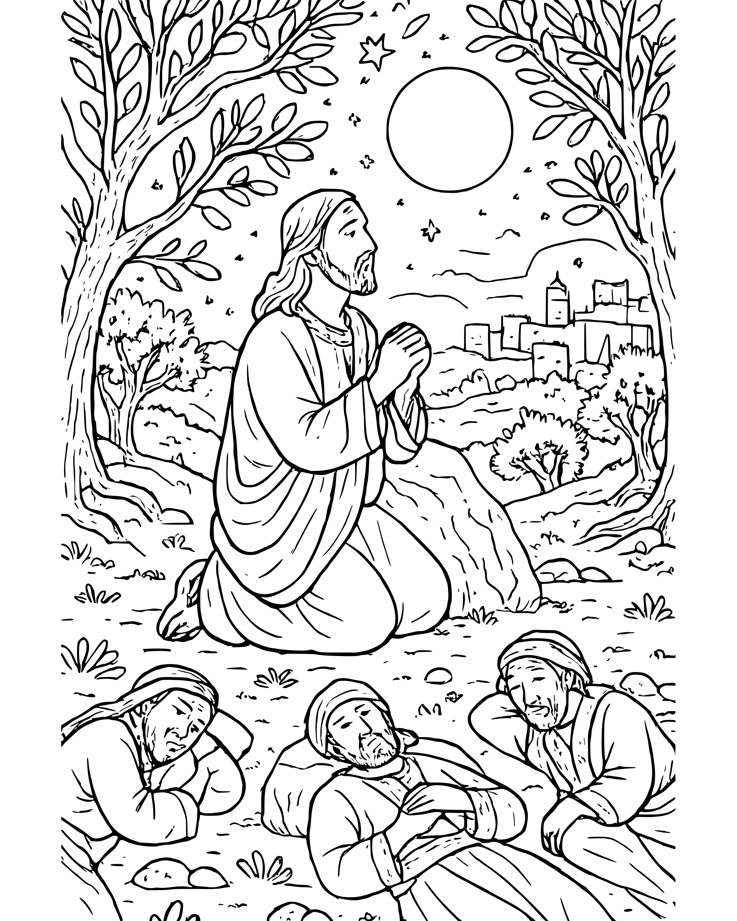 Detailed Jesus Prays in the Garden coloring page