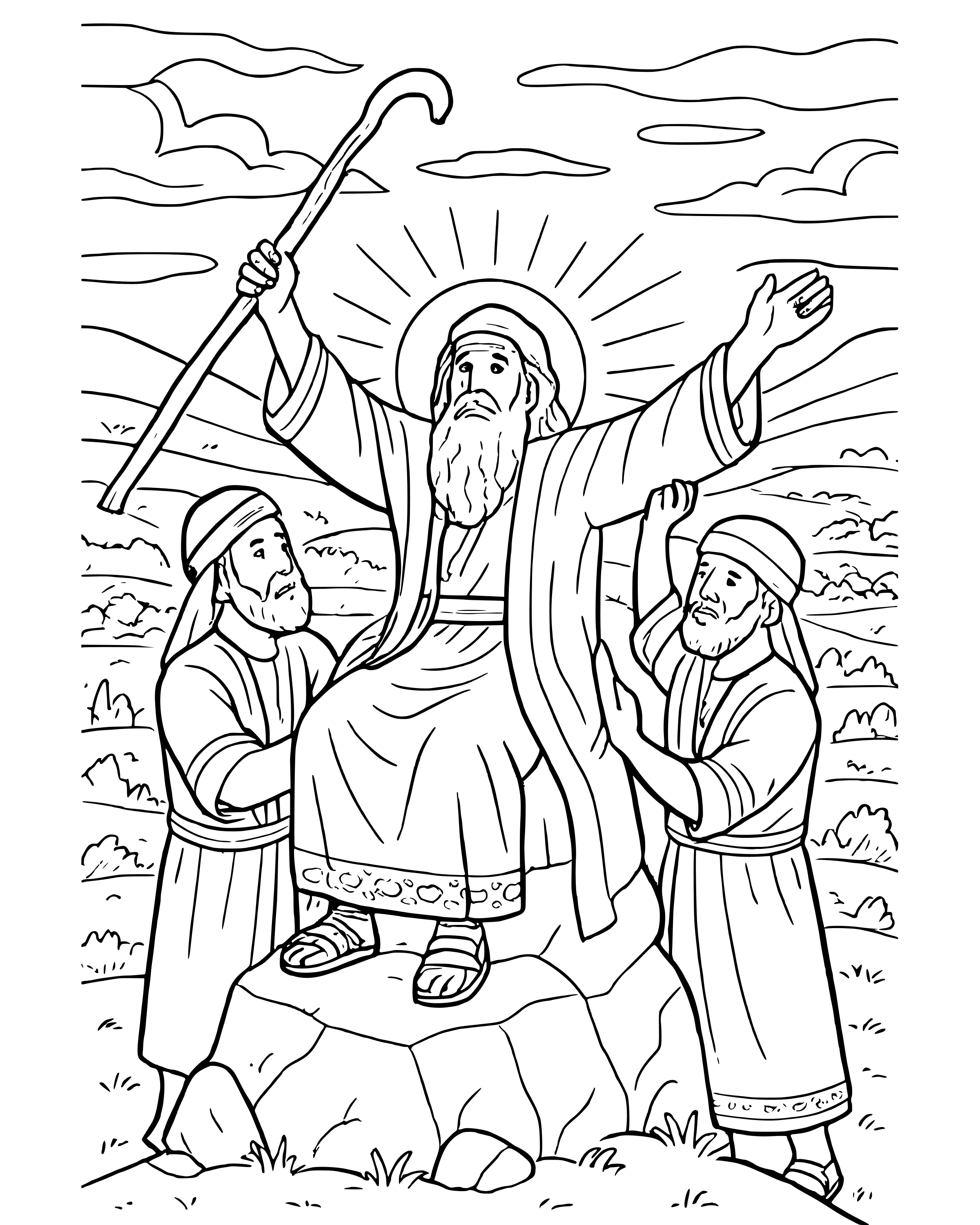 Detailed Aaron and Hur Hold Up Moses' Hands coloring page